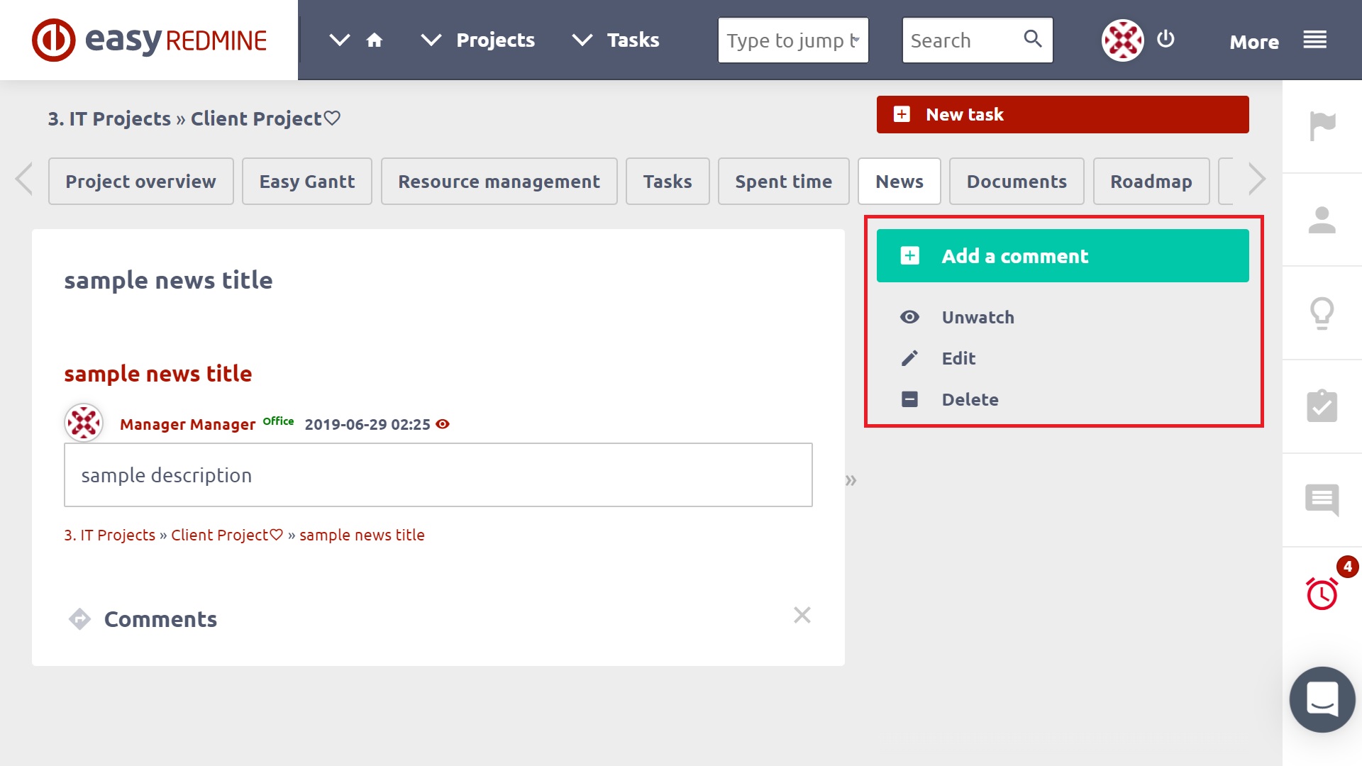 Project news module easy redmine